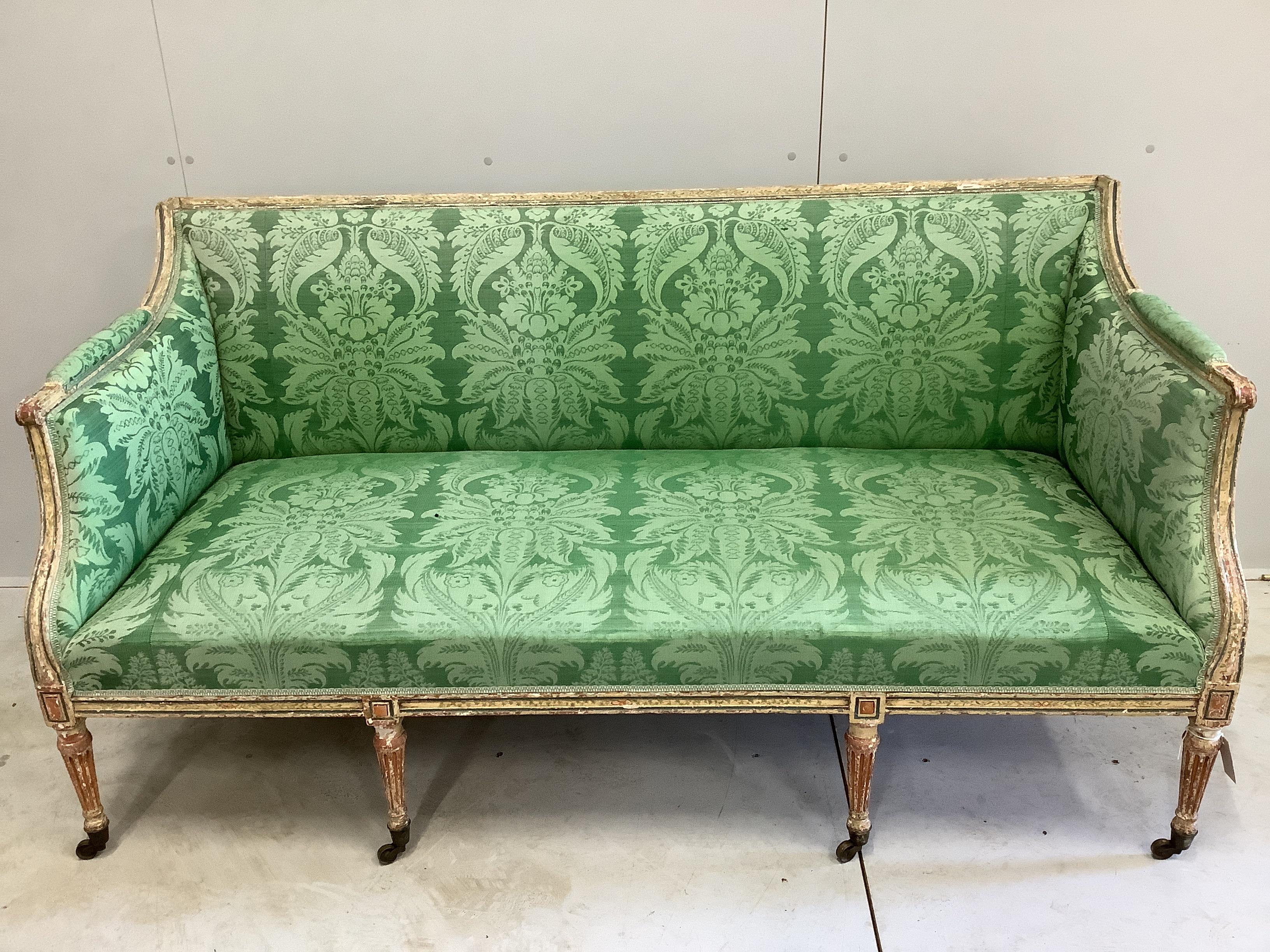 A George III style painted upholstered settee, width 170cm, depth 70cm, height 87cm